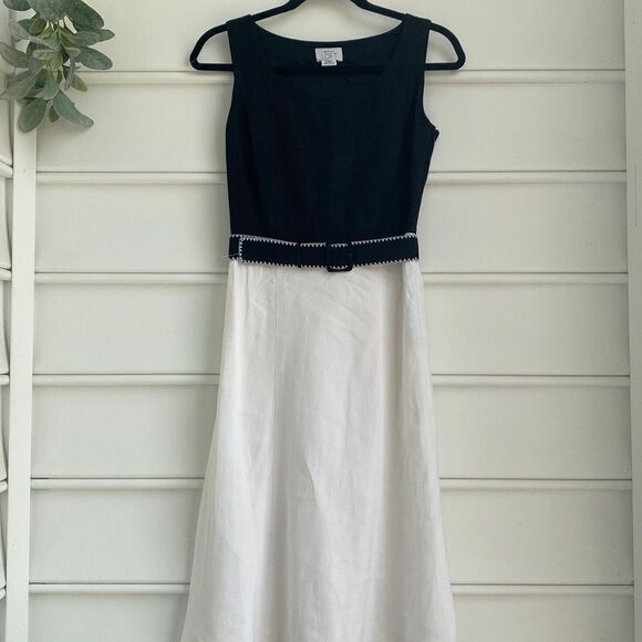 Ann Taylor Loft Linen Blend Belted Sleeveless MIDI‎ Dress Black Cream Size 0 - Picture 1 of 12